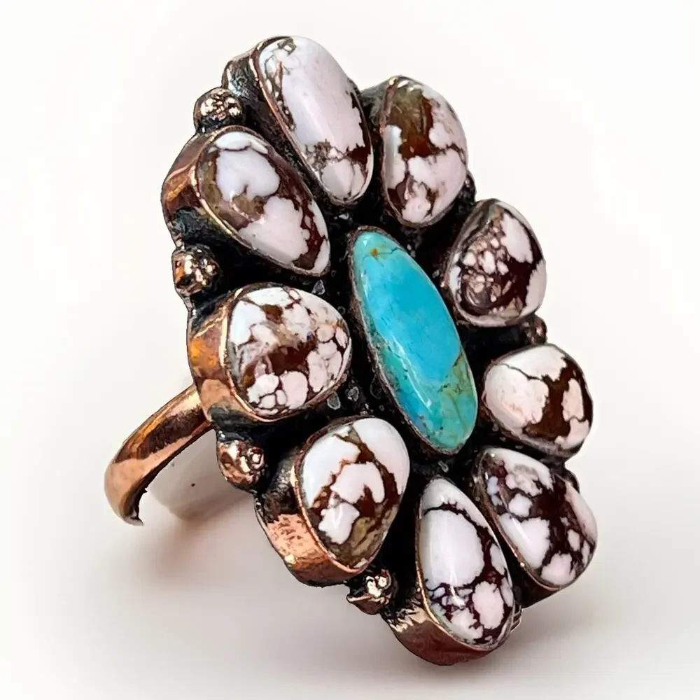 Southwestern Mojave Turquoise Wild Horse Copper Cluster Statement Ring Adjust Sz